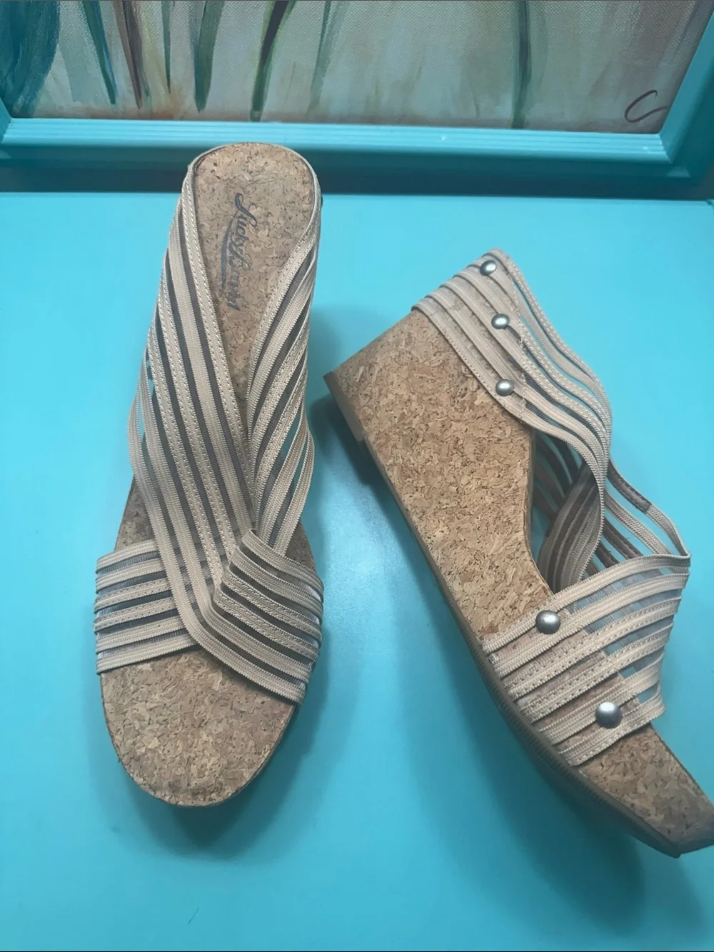 Lucky Brand Women's Beige and Gray Striped Cork Wedge Sandals